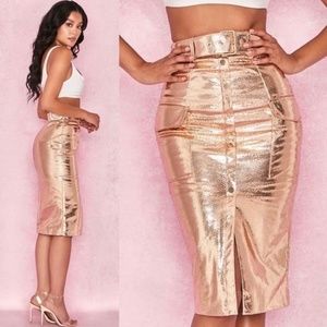NEW House Of CB Metallic Rose Gold Kassiana Belted Pencil Midi Skirt S NWT